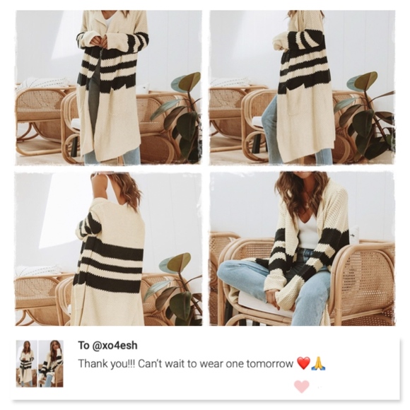 Long Open Cardigan Knit Striped Off White - Picture 4 of 9